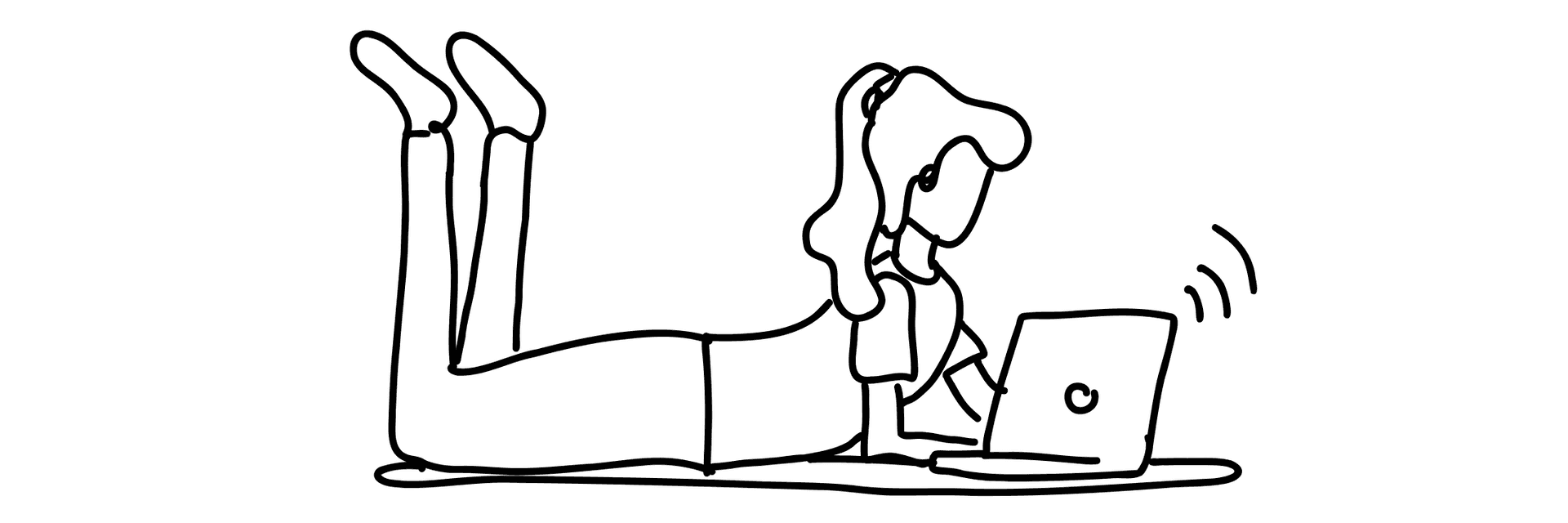 Drawn picture of a woman laying on her stomach in front of a laptop.