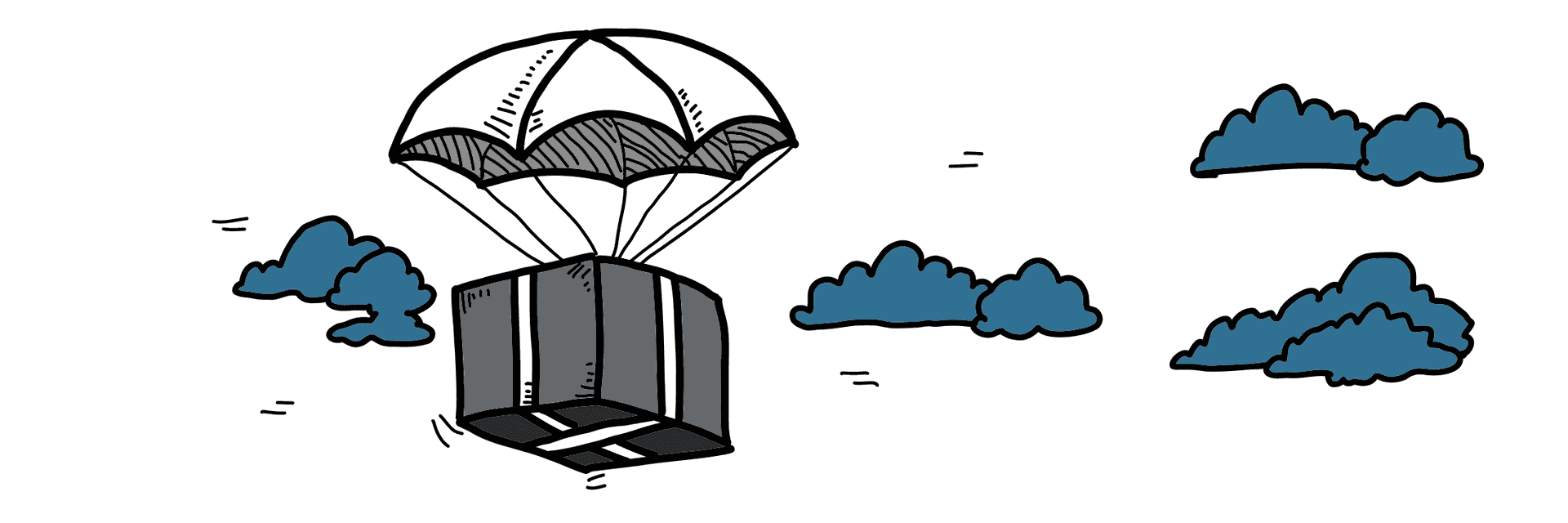 Drawn picture of a container being parachuted between clouds.