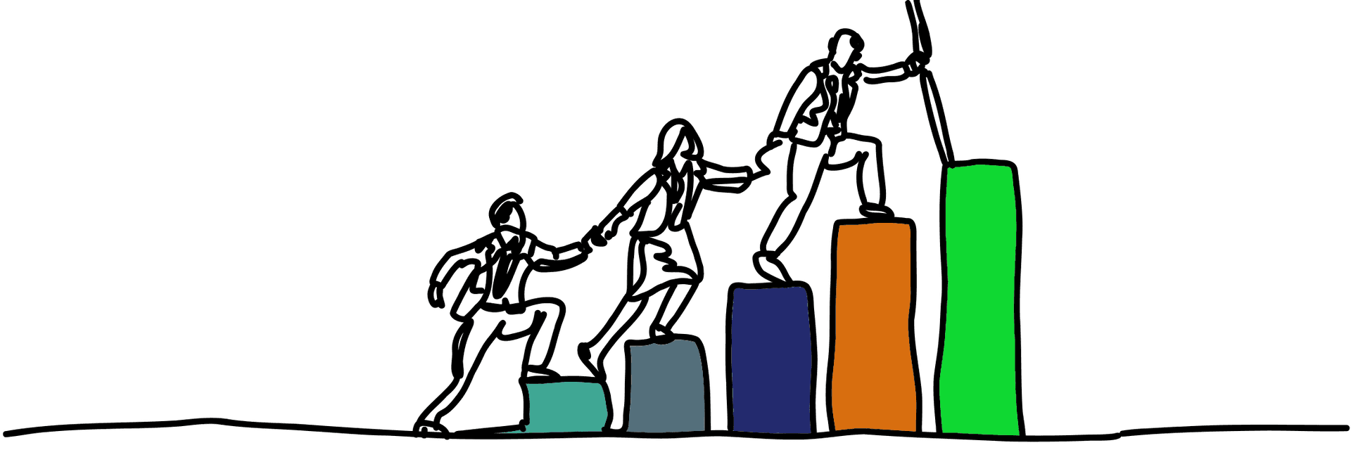 Drawn picture of 3 people climbing 5 colorful charts holding each other's hands and conquering them.